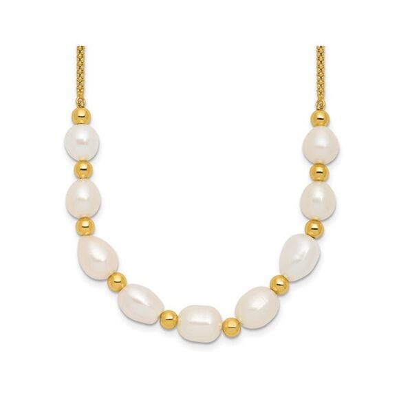 Yellow Sterling Silver 7.7mm White Freshwater Cultured Pearl Necklace (16 Inches